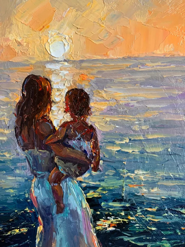 mom and daughter oil painting